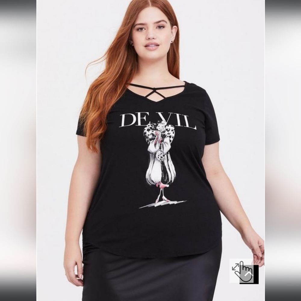 NWOT Black Disney x Torrid Cruella De Vil Strappy T Shirt
